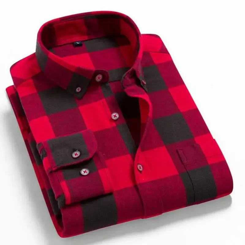 

New Autumn Winter Plaid Red Checkered Shirt Men Shirts Long Sleeve Chemise Homme Cotton Male Check Shirts