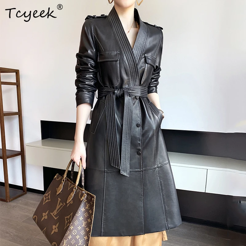 Sheepskin Women's Jacket Spring 2023 V-neck Double Breasted Belt Lace up Slim Long High Quality Genuine Leather Windbreaker Coat