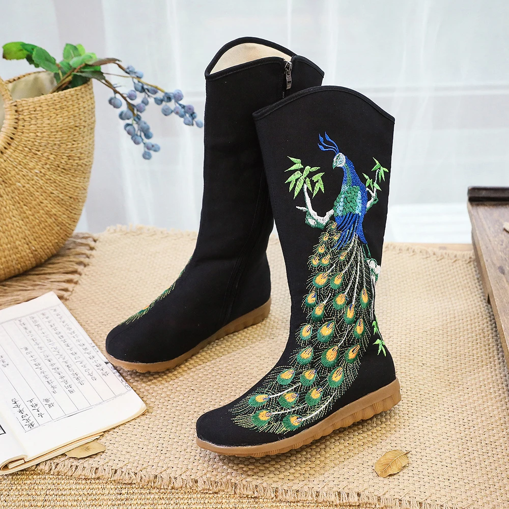 Veowalk Autumn Old Beijing Peacock Sequins Cotton Embroidered Woman Casual Mid Boots Ladies Platform Canvas Shoes Botas Mujer