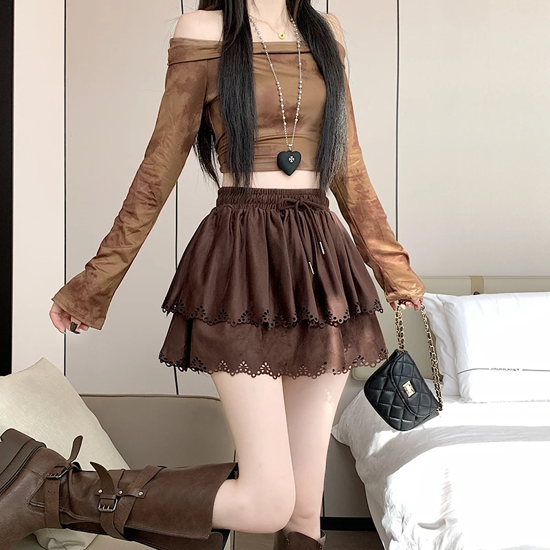 Seoulish outono inverno veludo cintura alta bolo feminino saias curtas 2025 coreano rendas oco para fora a linha skater mini saias femininas