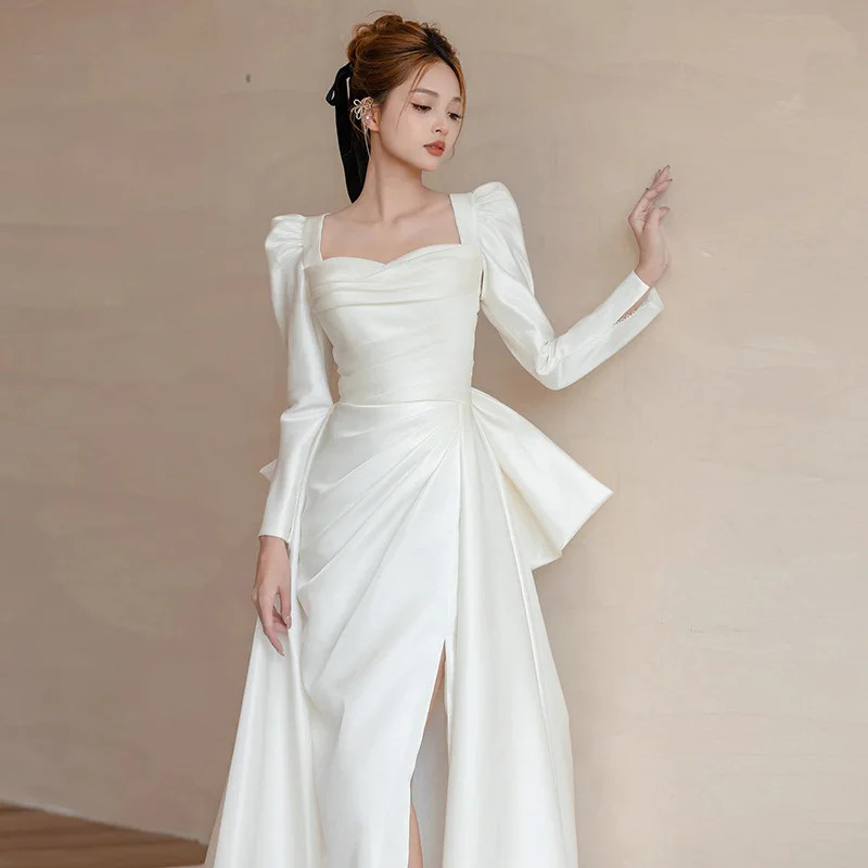 

Satin Long Sleeve Light Wedding Dress Bride High-End French Style White Simple Train Outdoor Gown Elegant Hepburn Style Dress