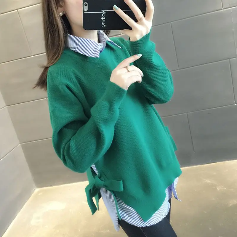 Set of Striped Shirt with Tie Knit Sweater for Autumn New Loose Oversized Base Sweater Set for Women