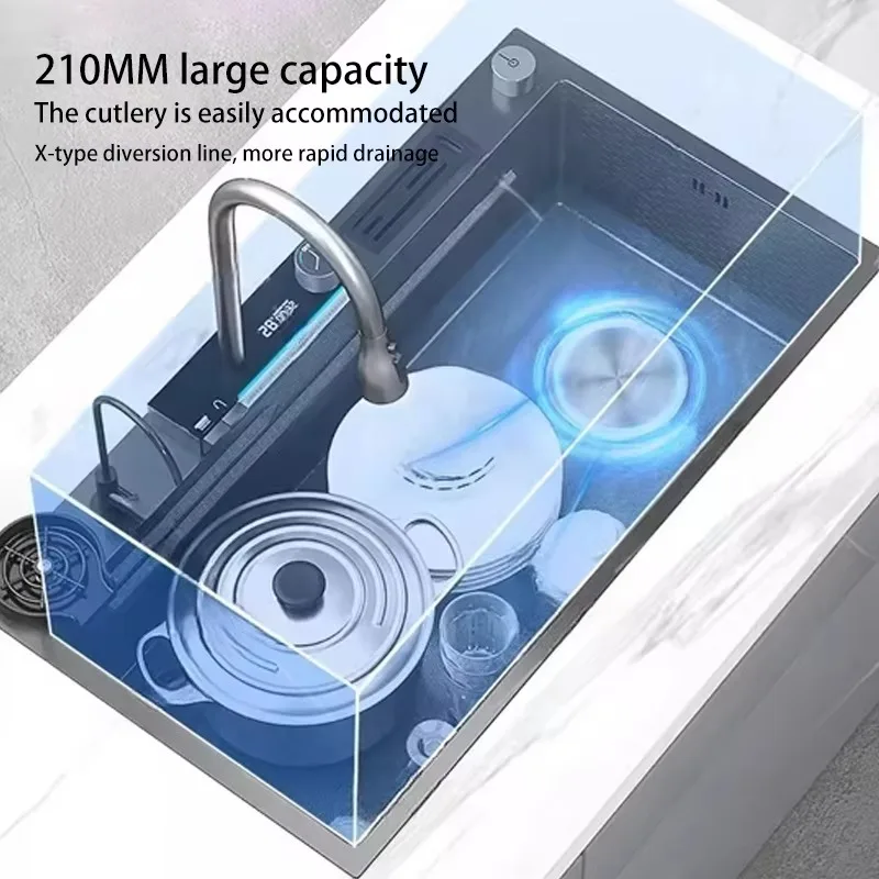 86x48CM Single Bowl Stainless Steel Kitchen Sink with Pull-out Faucet Black Modern Design Hotel Kitchen Use