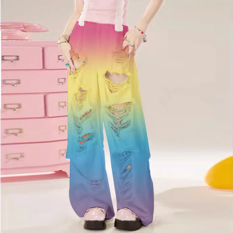 Original Tie Dye Rainbow Dopamine Ripped Jeans For Women High Waist Wide Leg Lolita Sweet Straight Leg Pants For Women