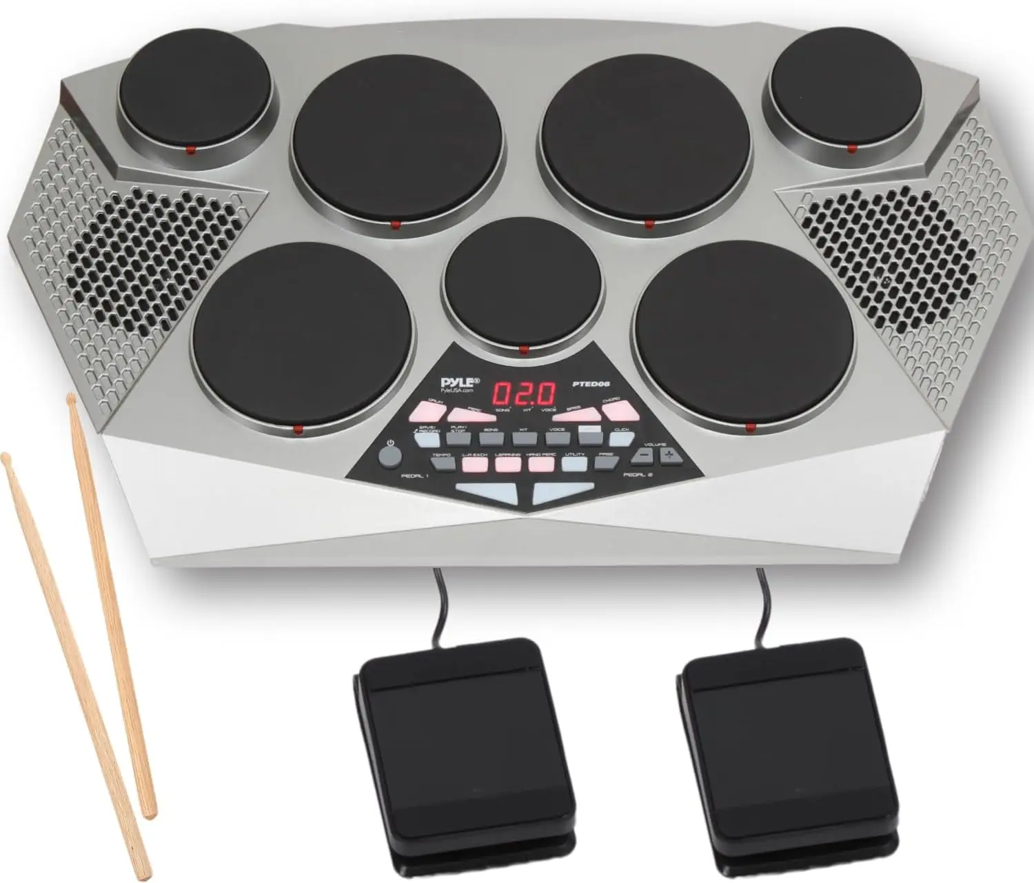 Professional Portable Electronic Drum Kit, Electric Tabletop Drum Set with Digital Control Panel, 7 Drum Pads, Hi-Hat and Kick Bass Pedal Controller, USB/AUX, Tom Toms, Snare Drums and Cymbals