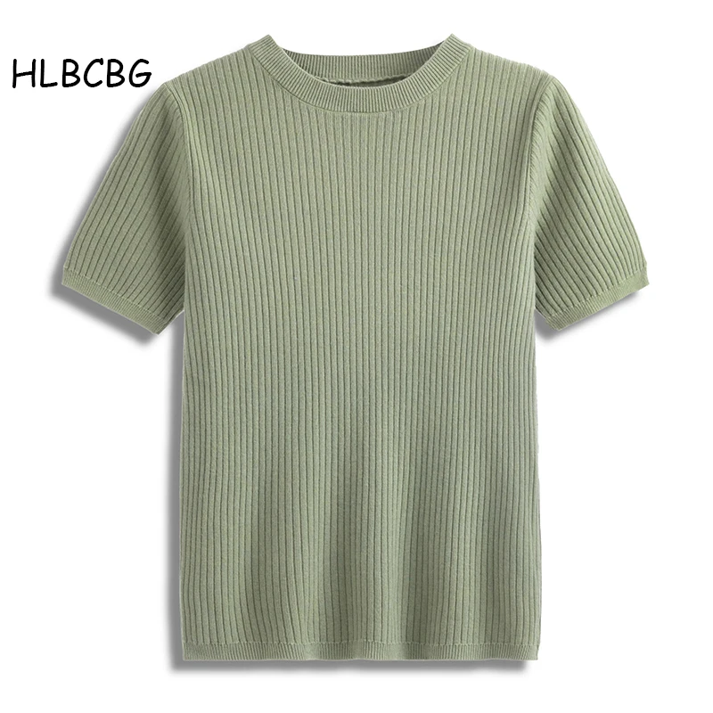 

HLBCBG 2023 Spring Summer Knitted Women T Shirt Fashion Short Sleeves Top Casual Kintwear Basic Rib Female Tshirt