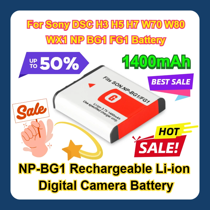 

For Sony DSC H3 H5 H7 W70 W80 WX1 NP BG1 FG1 Battery 1400mAh NP-BG1 NP-FG1 NPBG1 Rechargeable Li-ion Digital Camera Battery