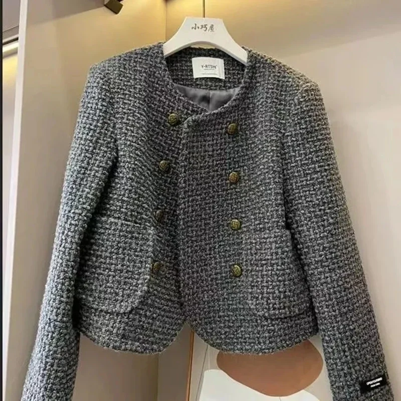 Szare tweedowe krótkie kurtki nowy szczupły kobiet w stylu Vintage dwurzędowe płaszcze wełniane koreańskie Casual Chaquetas Fashion mieszanka wełny