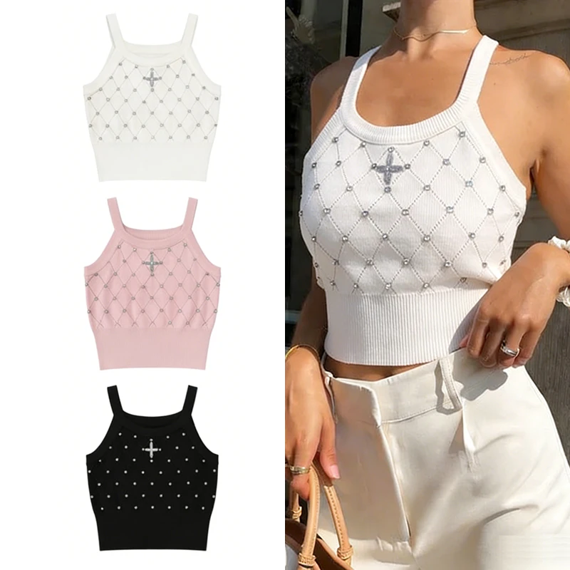 Damen Sommer Crop Cami Top mit Kreuzstrick, Aushöhlungen, Strasssteinen und Spaghettiträgern, Ärmelloses Tanktop für Frühling & Sommer
