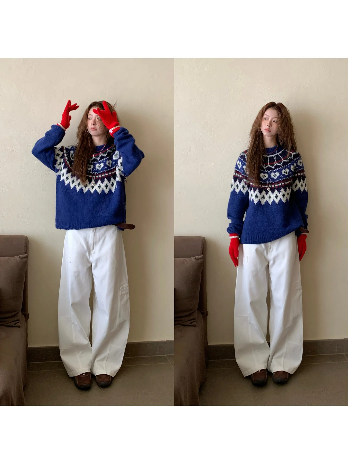 

COK Winter New Arrival Korean Sle Lazy Feel Sweater Fair Isle Knitwear Warm Commute Faion Straight Tube Model