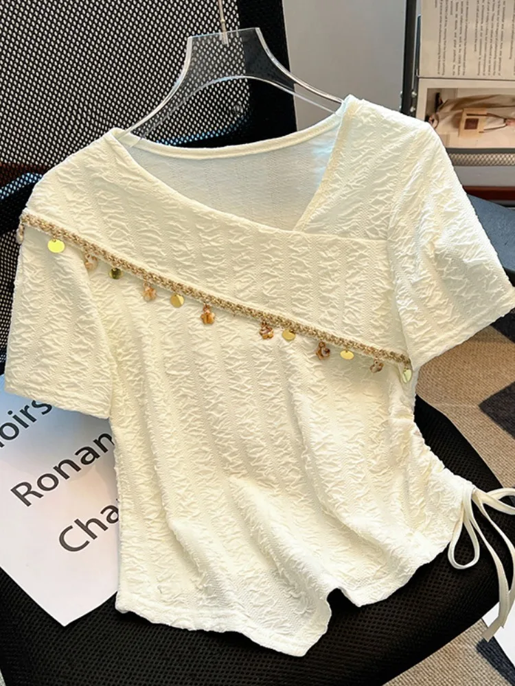 

Summer ort Sve T-irt Women's Self-Kept oulder Slope Design Dstring Waist Incommensurate Sense of Sle Korean Ver...