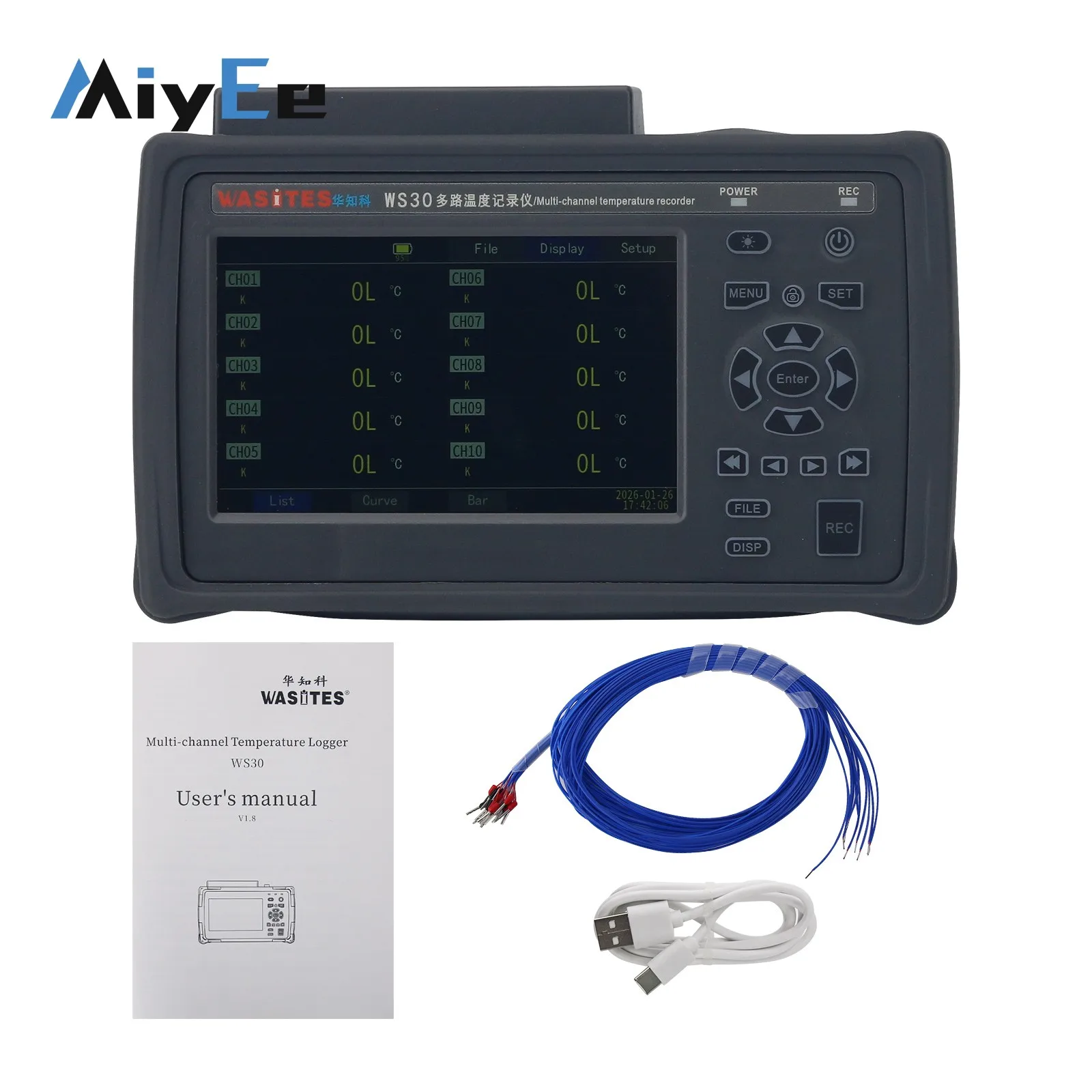 Miyee 10CH Handheld Multi-Channel Temperature Recorder Supports Thermocouple Data Acquisition / Pt100 RTD  Voltage and Current