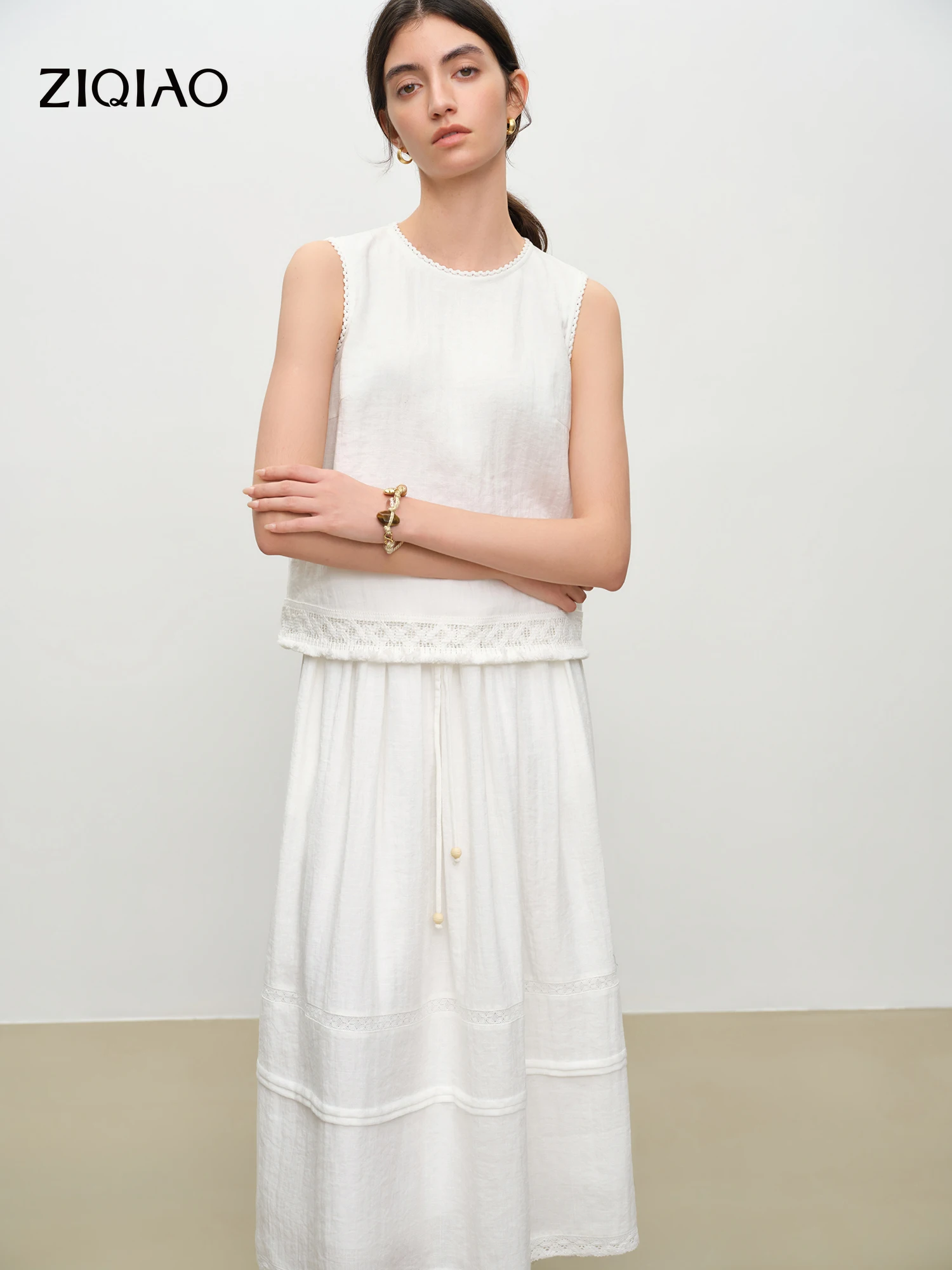 

ZIQIAO Sleeveless White O-neck Shirt Midi Skirt Set Women New Summer 2026 Style Simple Eleagnt Holiday Outwear Clean Fit Ins