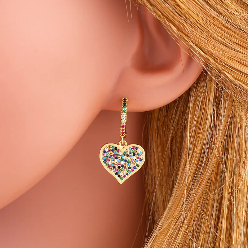 FLOLA Gold Plated Hoops Rainbow Cross Earrings for Women Copper Zircon Heart Earrings Crystal Jewelry pendientes arcoiris ersr30