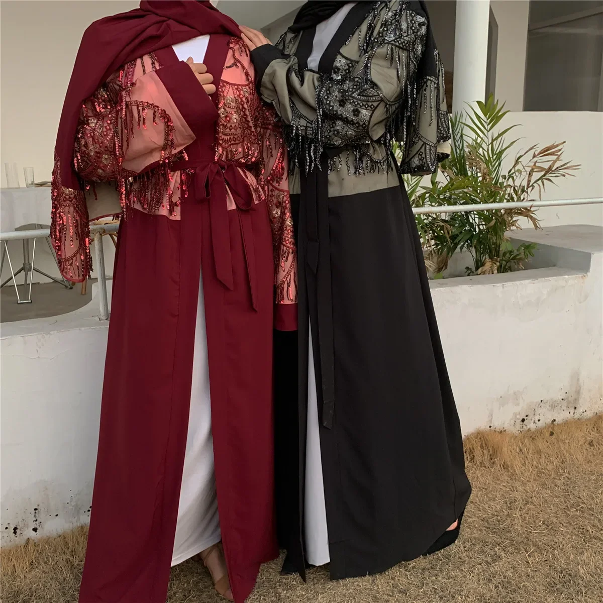 

Sequin Tassel Abayas for Women Turkish Muslim Abaya Women Dresses Cardigan Women's Abayas Loose Lace-up Long Sleeve Maxi Dress