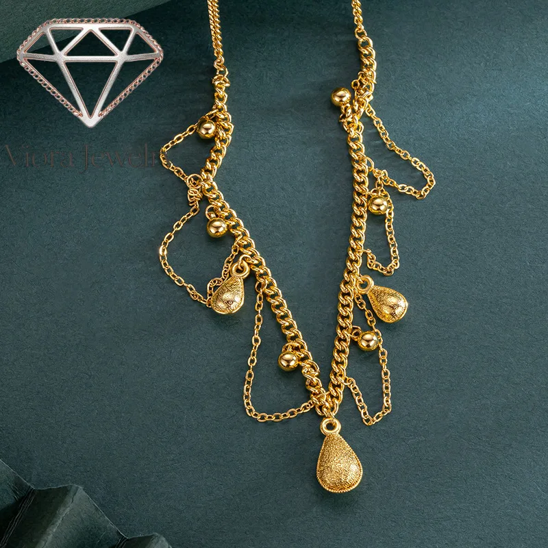 

Viora Jewelry 9999 24K real gold water drop lace chain gold necklace for women tassel hollow chain design pendant 5G brushed cra