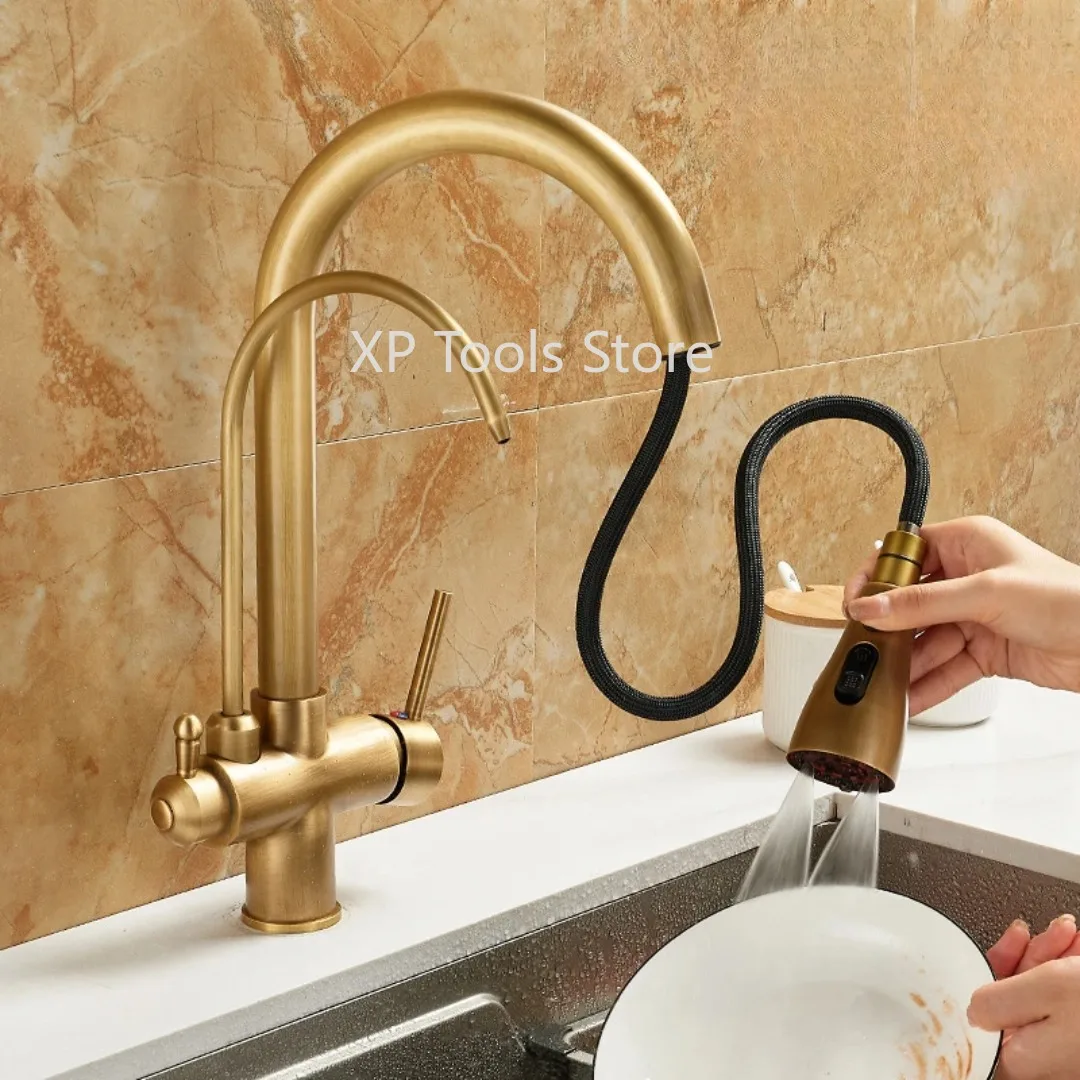 Полностью медный смеситель для чистой воды «три в одном» 2025 года — кухонный антикварный смеситель для накачки, идеально подходит для бытовой раковины и раковины для овощей, 360° °