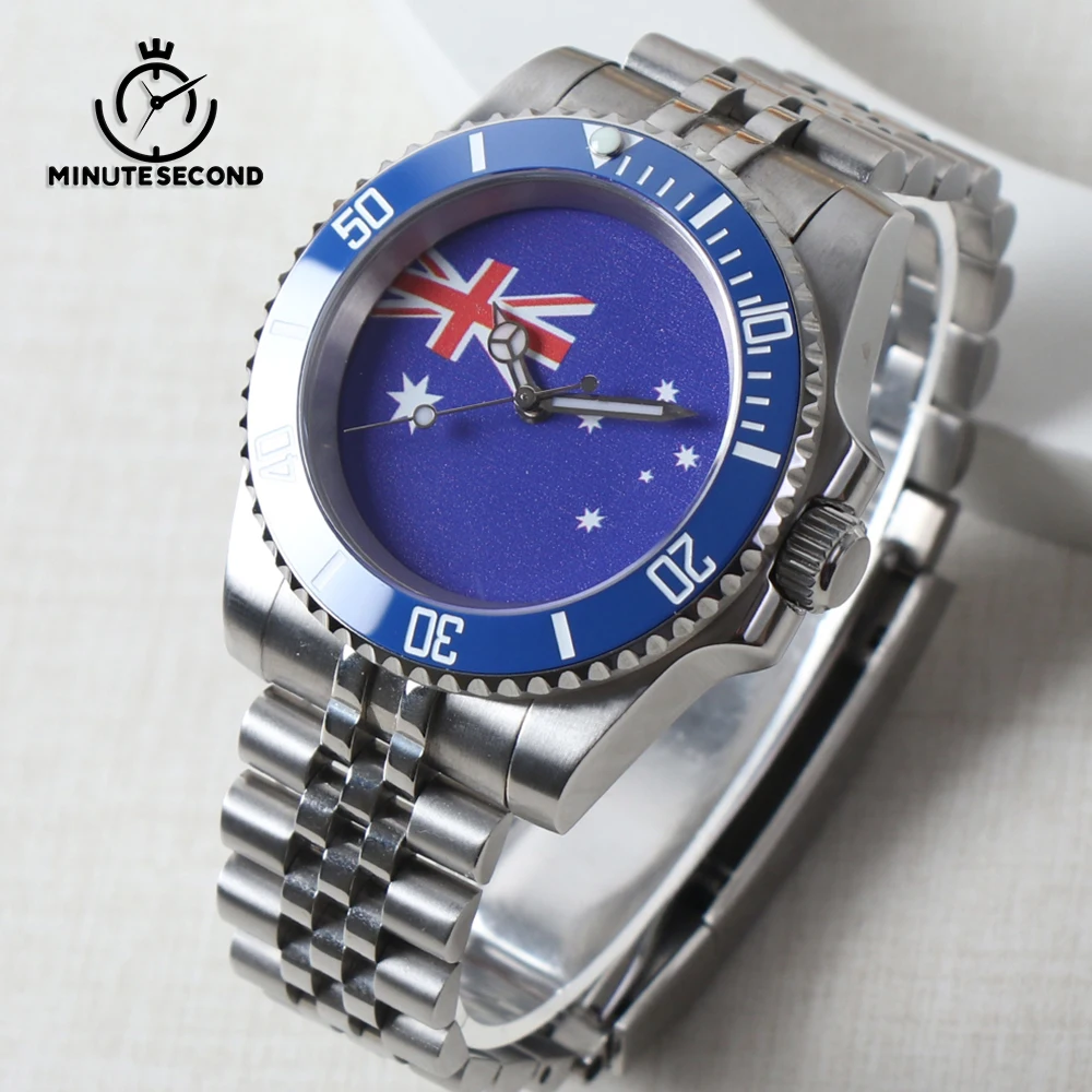 

NH35 Sub Watch DIY Australian Flag Dial 40MM Blue Bezel Automatic Mechanical Movement Watch Sapphire Crystal 10ATM Waterproof