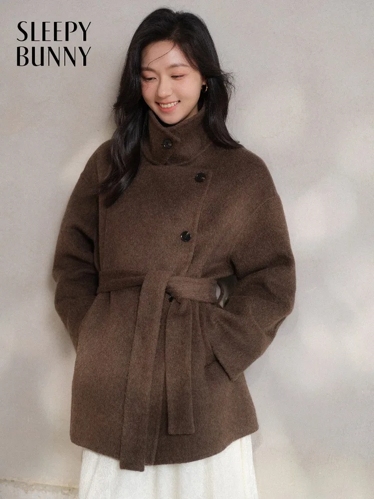 

Women Elegant Wool-Like Winter Short Coat Brown Belted Jacket Warm Casual Outerwear for Lady with High Neck and Waist Tie Design
