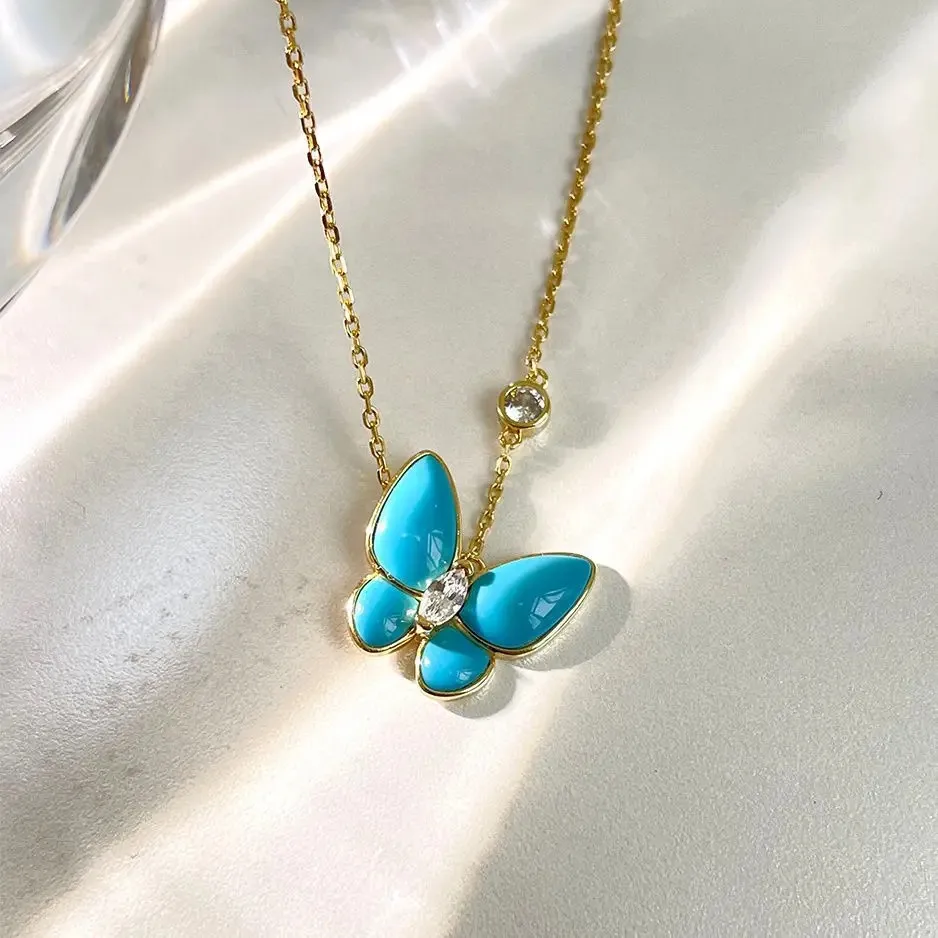 

Fashion Butterfly Jewelry 18K Gold Plated 925 Silver Blue Stone Turquoise Charm Pendant Chain Necklace Jewelry Chokers Girl Gift