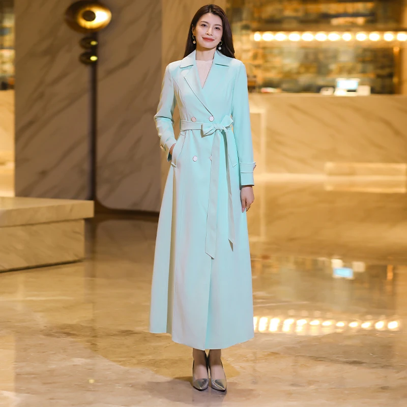 

Mint Green Notch-Lapel Trench Coat – 20256 Spring Autumn Long Coat, High-End Slim Fit Cinched Waist Coat