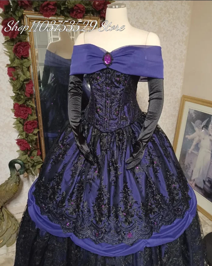 Vintage European Court Purple Dress Gothic Embroidery Applique Rococo Wedding 2024 Poncho Pleated Strapless Role Play Gowns