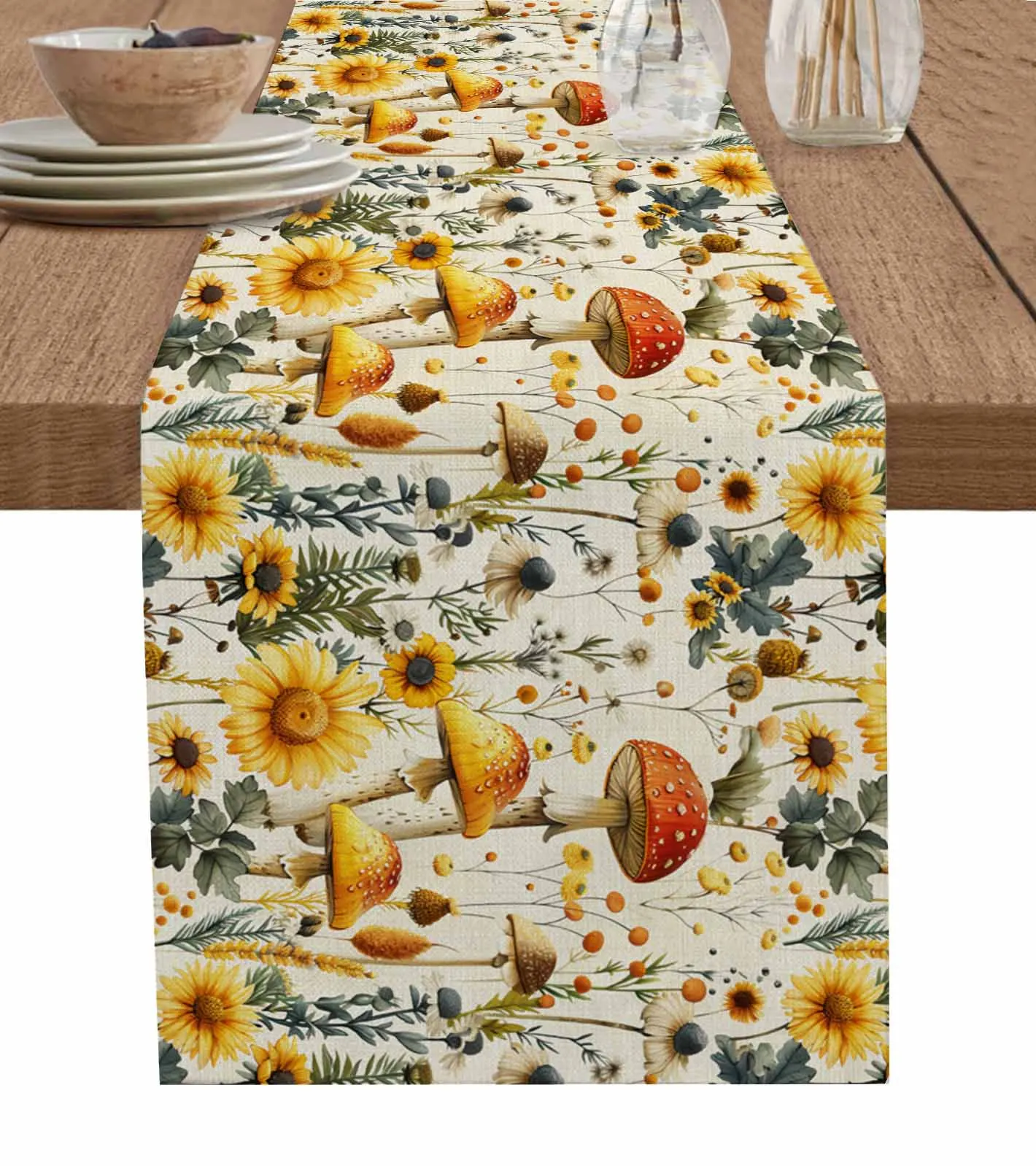 Mushrooms Sunflowers Chrysanthemums Table Runner Home Wedding Table Mat Centerpieces Decoration Dining Long Tablecloth