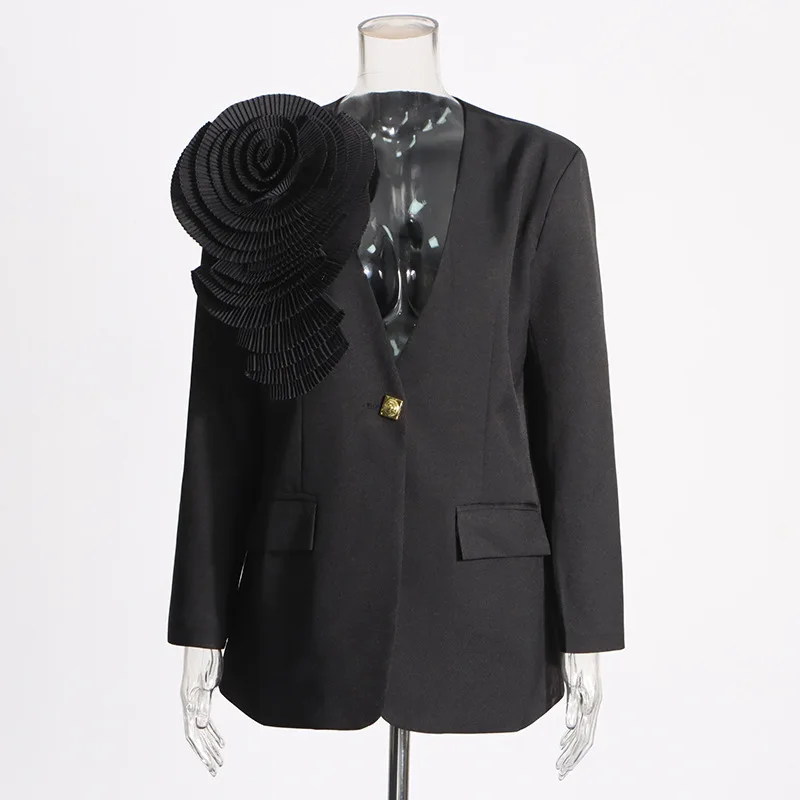 ZAMOR HIGH STREET Women's V-Neck Flower Spliced Blazer One-Button Closure High-End Elegant Versatile Single-Breasted Suit Jacket