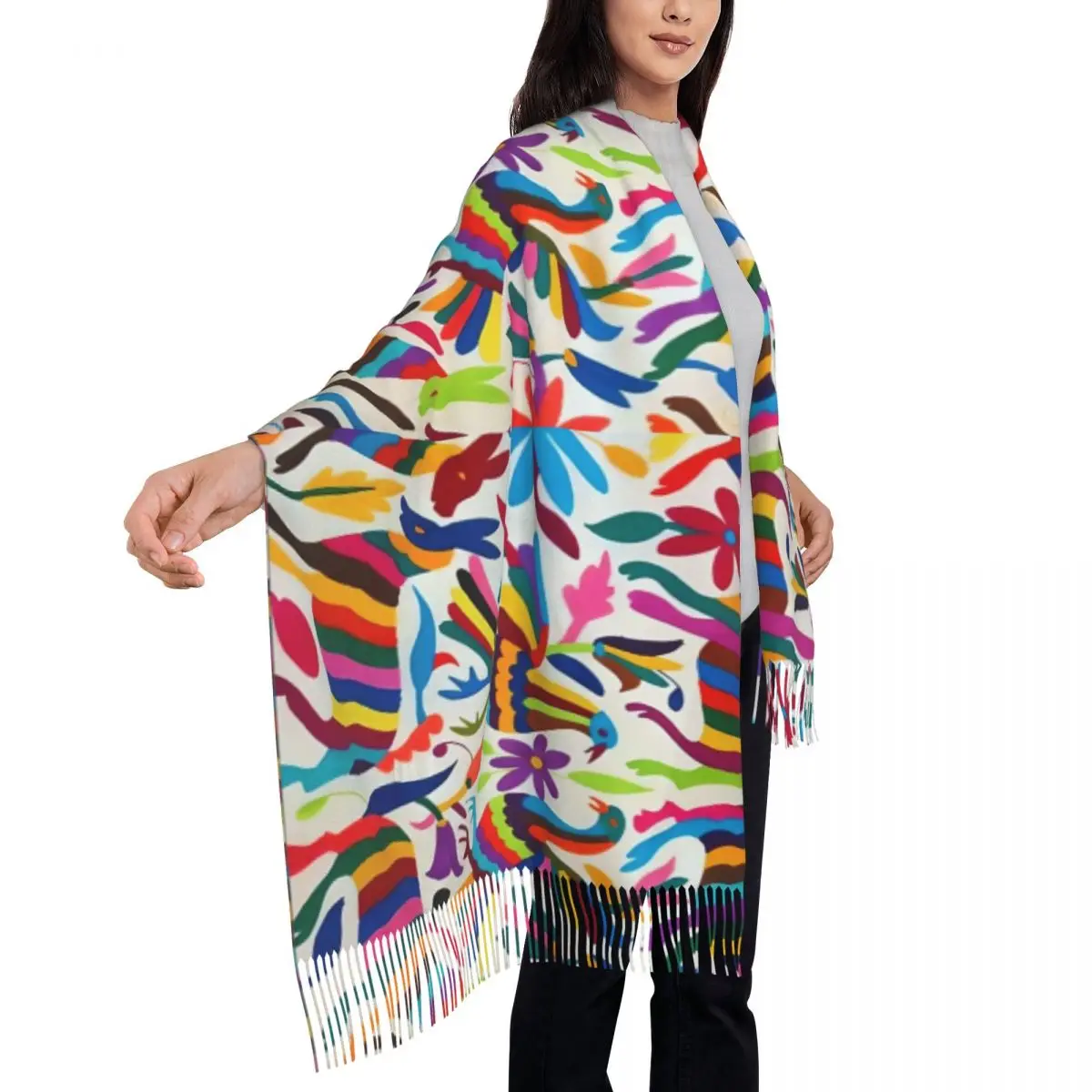 Tenango Mexican Otomi Birds Texture Scarf for Women Winter Fall Shawl Wrap Mexican Art Long Large Shawl Scarf Lightweight