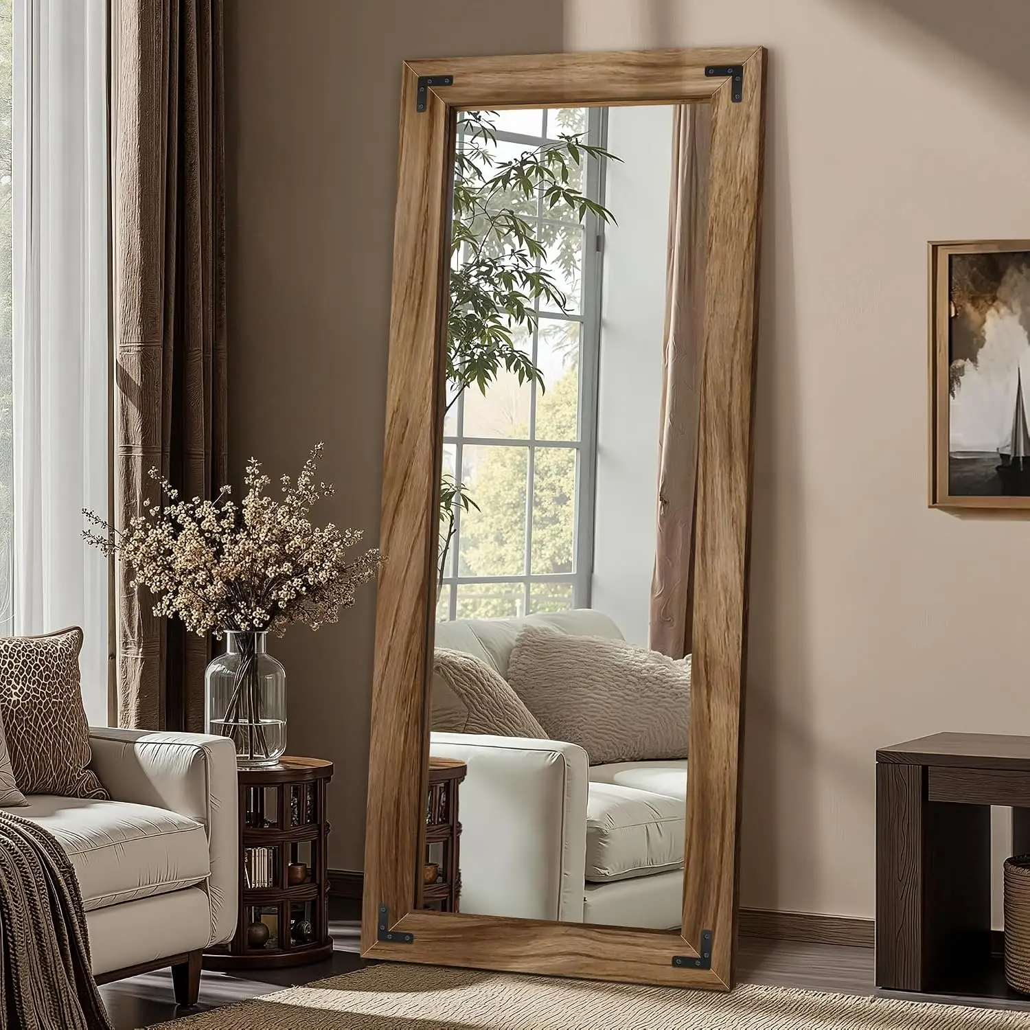 Full Length Mirror 22 X 55 Wooden Floor Mirror Wall Solid Wood Frame Rustic Farmhouse Style Shatterproof Glass Bedroom Living Ro