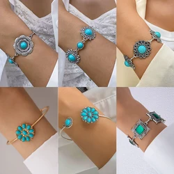 Tocona Vintage Green Stone Bracelets for Women Luxury Crystal Stone Flowers Opening Bangle Adjustable Jewelry Accessories