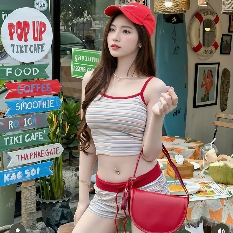 Conjunto de Bikini a rayas de estilo coreano para mujer, Top Halter bonito pero sensual, pantalones cortos de cintura alta, Control de barriga para vacaciones en la playa