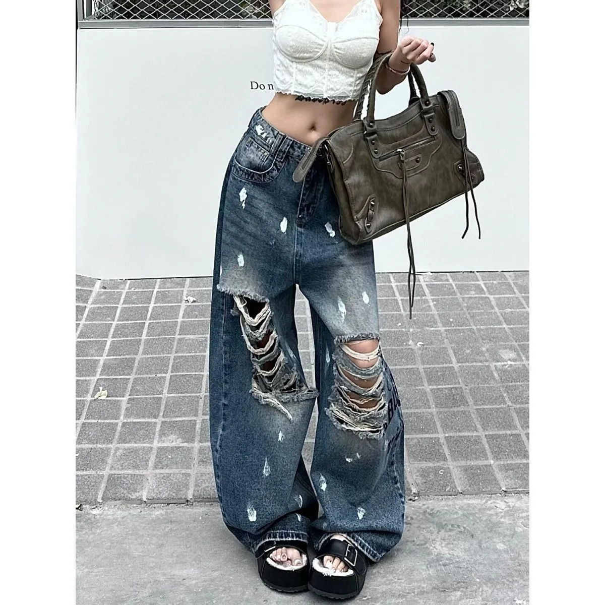 Women Hole Jeansl 2026 Women Washed Splash Ink Ripped Jeans Street Loose Long Trousers Summer Fashion Denim Pants