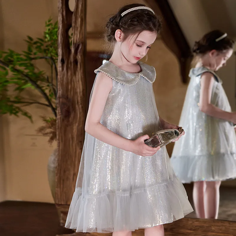 

Grey Sequined Dress for Girls 2026 New Fashion Children's Princess Dress Lace Mesh Evening Gown Spring Girls Party Dresses