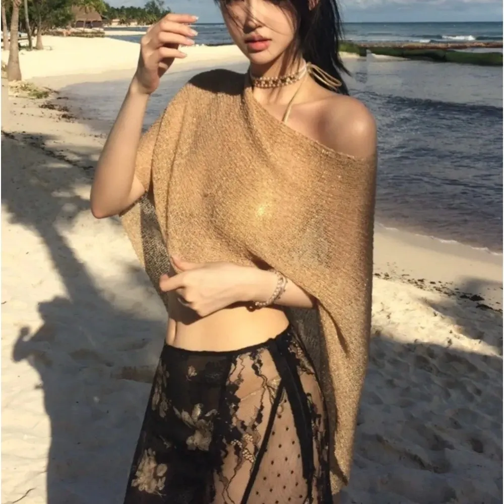 Summer Drop Shoulder Crochet Poncho Sweater Sheer Multi-wear Halter Shawl Irregular Knitted Cover-ups Vacation Outfits