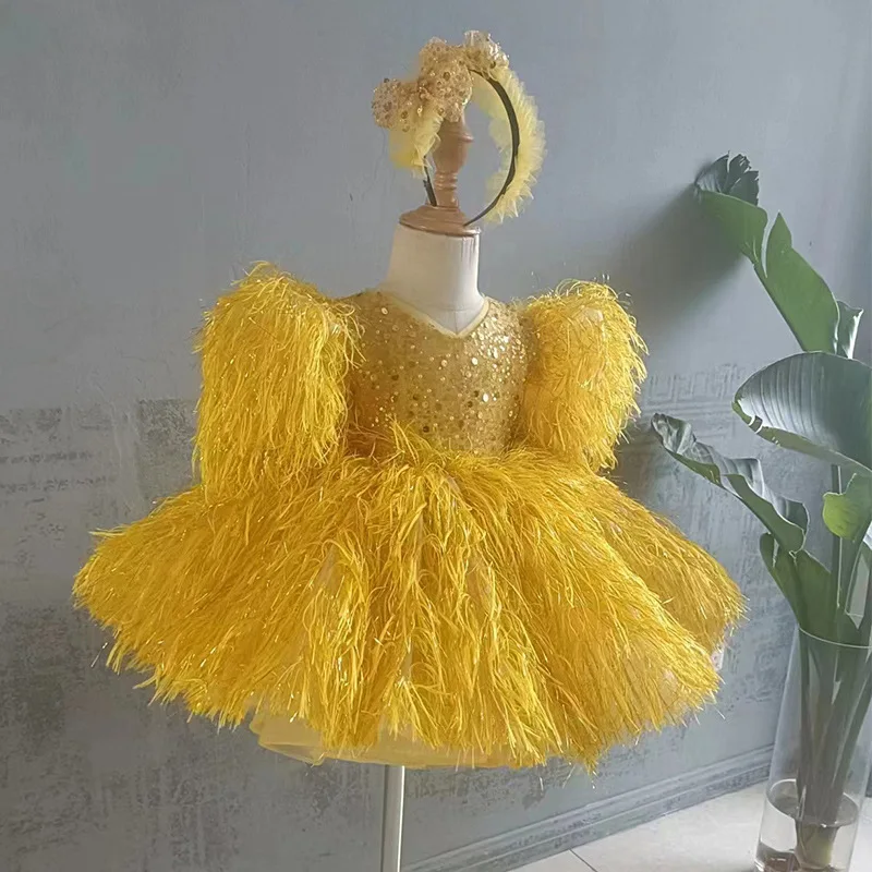 

New Yellow Feather Sleeve V Neck Flower Girl Dress Infant Tutu Outfit Kid First Communion Dresses 1-10T