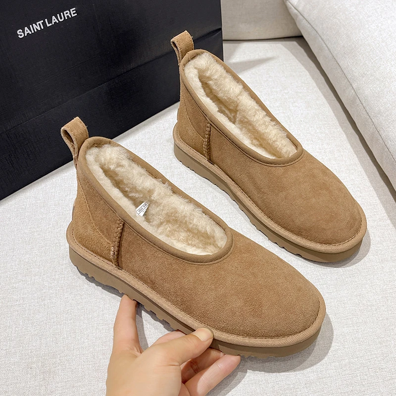 

Women Flats Snow Boots Suede New Fur Shoes 2025 Designer Fashion Winter Short Plush Warm Shoes Brand Woman Sneakers Casual Botas