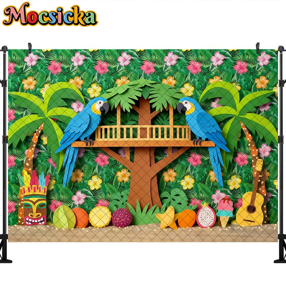 Mocsicka Summer Photography Backdrop Hawaiian Beach Parrot Totem Decoration Baby Shower Cake Smash Backgrounds For Photographs