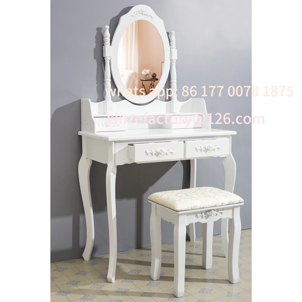 Tocador de maquillaje con espejo personalizable, juego de tocador moderno con taburete para dormitorio
