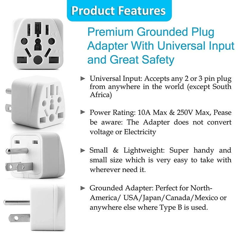 US Travel Plug Adapter EU/UK/AU/In/CN/JP/Asia/Italy/Brazil to USA (Type B), 3 Prong USA Plug, Charger Converter White