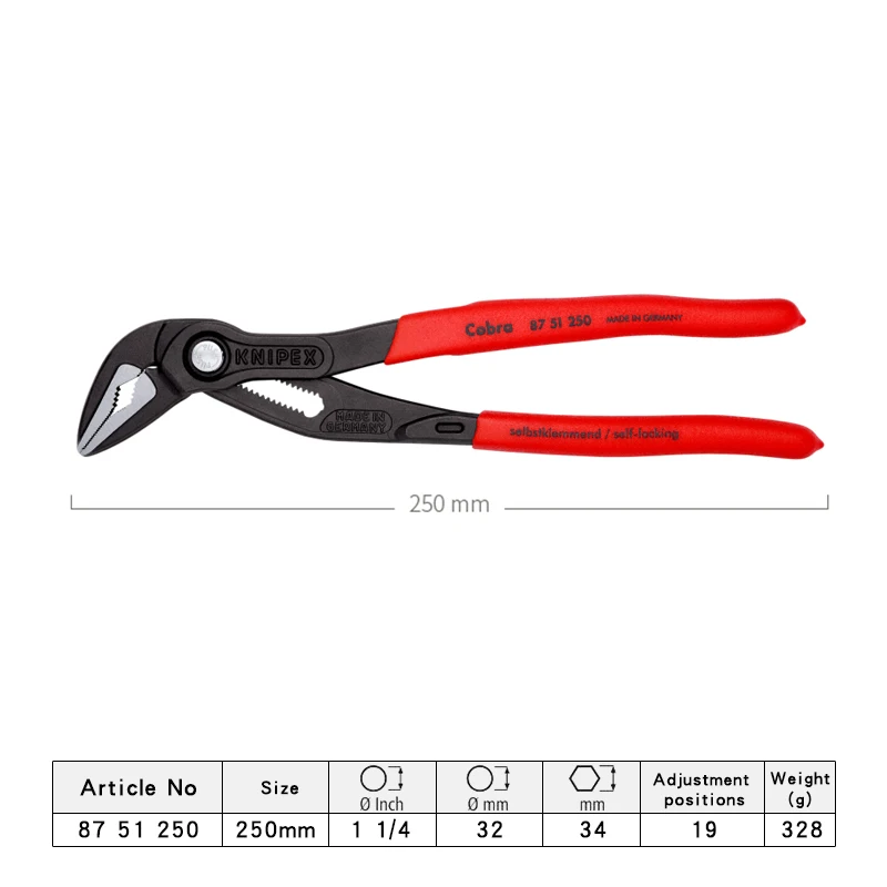 KNIIPEX Cobra Water Pump Pliers Tools ES Extra-Slim Pipe Wrenches NO.8751250