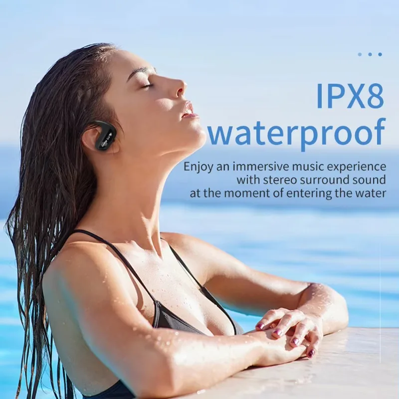 IPX8 Waterproof Wireless Headset,  Built in 32GB Flash Memory Mp3 Player Headphone for Swimming Skiing Running Cycling Climbing