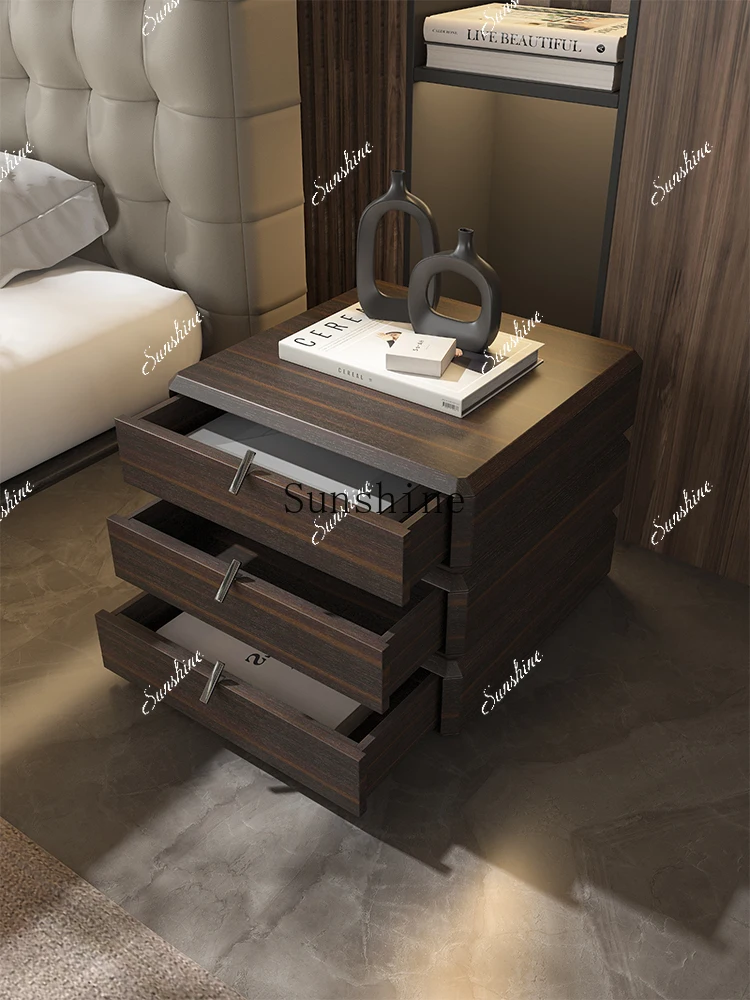 Smoked 360 degrees can be rotated, Italian minimalist bedroom solid wood three buckets storage, bedside cabinetP