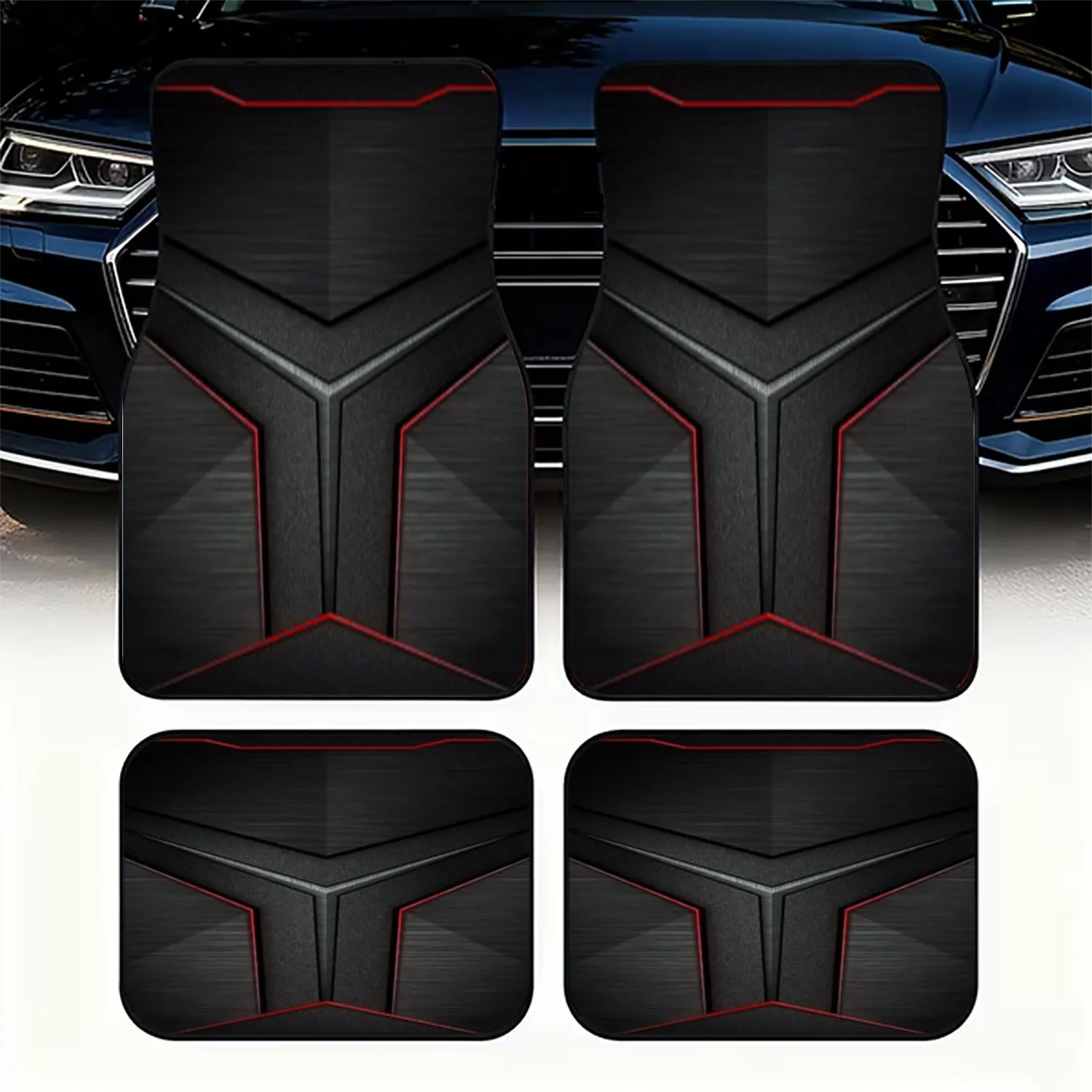 4pcs Futuristic Black Gray Red Car Floor Mats | Polyester Material, Sleek Angular Shapes, High-Tech Modern Aesthetic, Universal