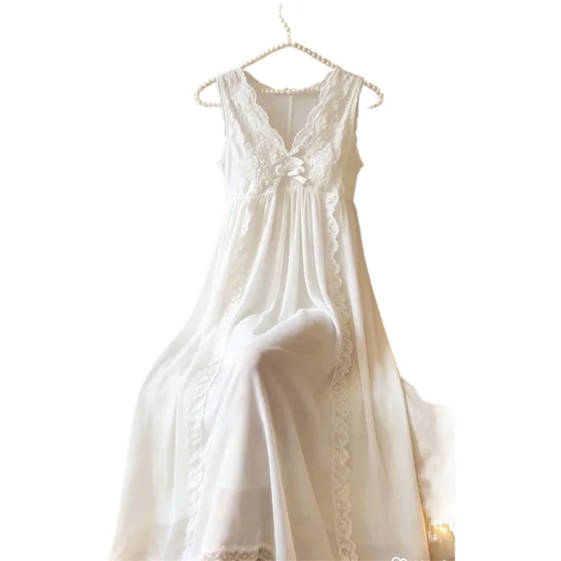 Fairy Bow Romantic Skin-friendly Fabric Home Spring and Autumn Style Sweet Pure Desire Sexy White Pajamas Can Be Worn Outside