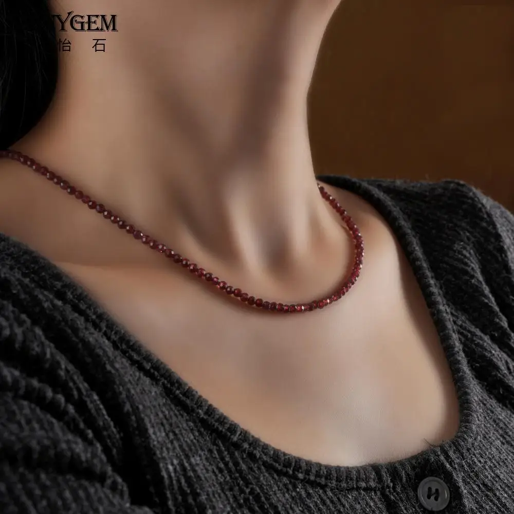 SHINYGEM Natural Red Garnet Choker Necklace 3mm Round Faceted Beads Chain Gift Dainty Women Resizable Cut Gemstone Necklace
