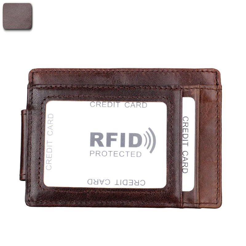 Retro Rfid Card Holder Money Clip 100% Genuine Leather Men\'s Wallet Soft Bifold Male Purse Cash Clamp  Slim Money Purse