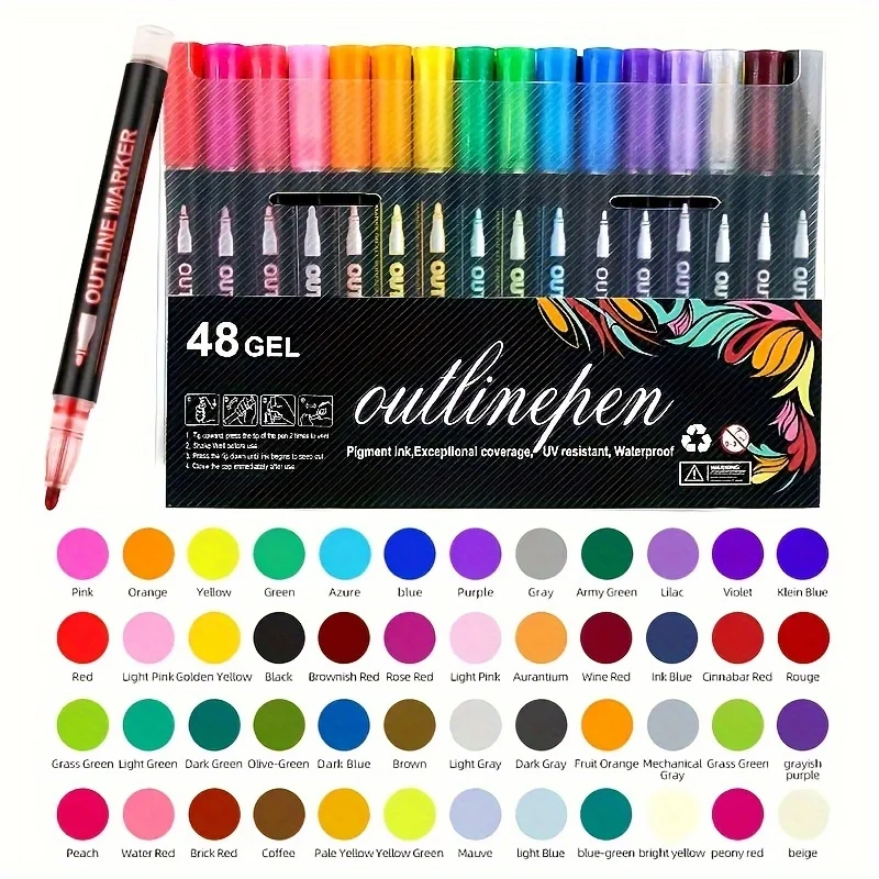 

Double-Ended Metallic Highlighter- 48 Vibrant Colors, Magic Glitter Outline Marker for Greeting Cards, Posters, and Art Projects