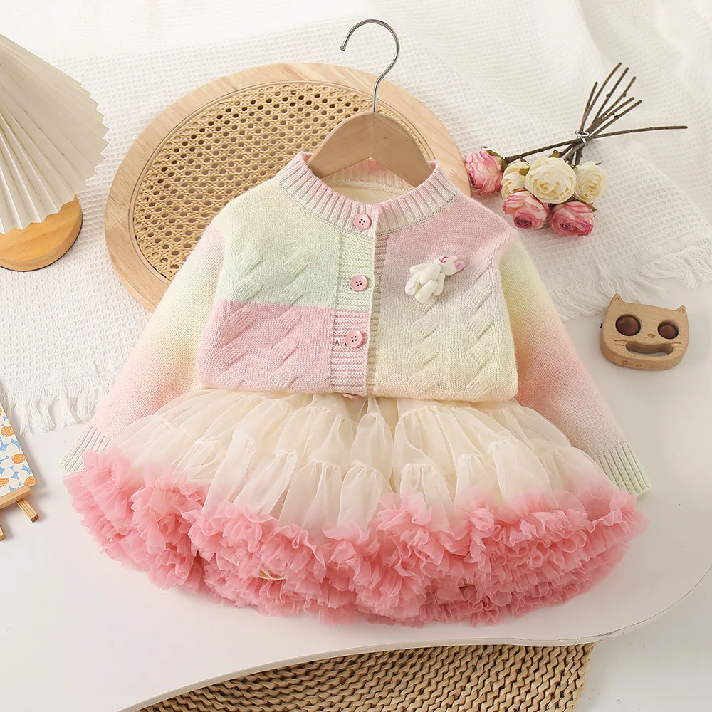 Girls' rainbow sweater Autumn  winter baby girls' knitted cardigan + gradient mesh pooping princess skirt Korean version trend