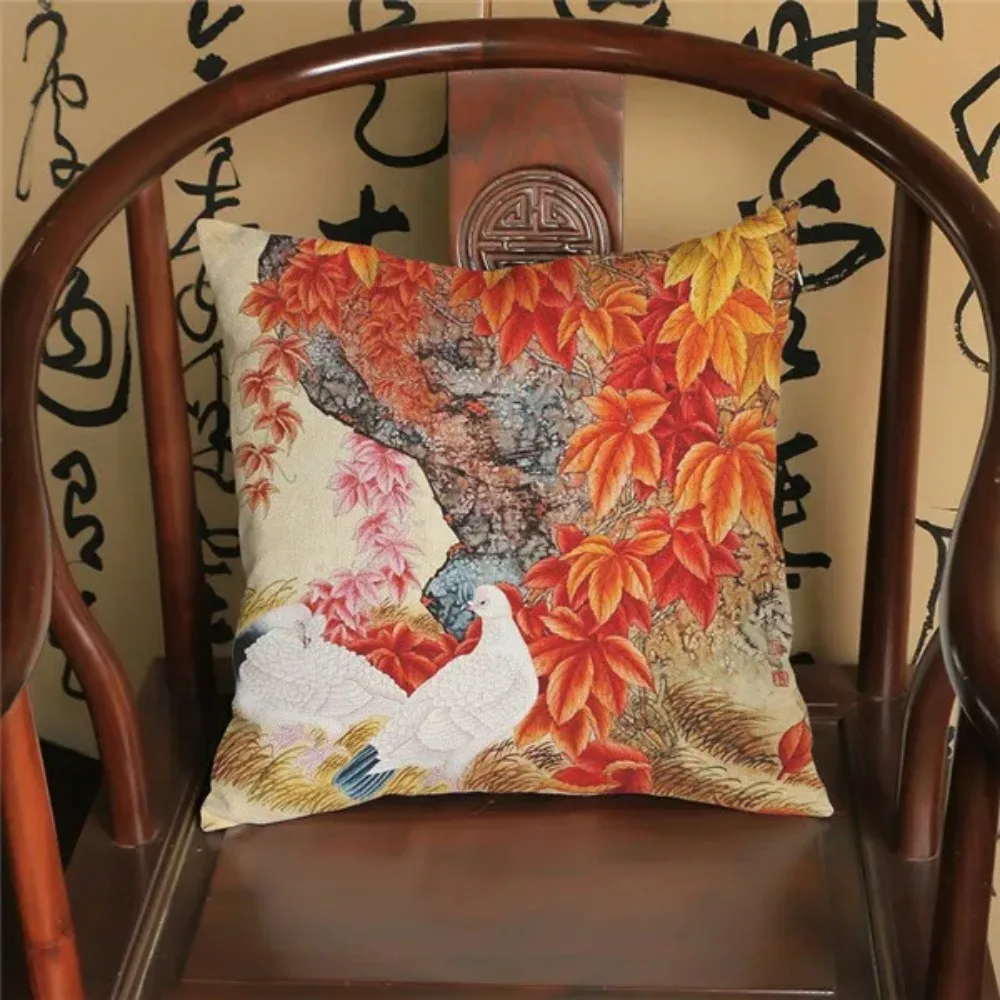CIFBUY Chinese Style Peony Flowers Printed Linen Cushion Cover Decorative Throw Pillow Case for Sofa Car Home Living Room Decor